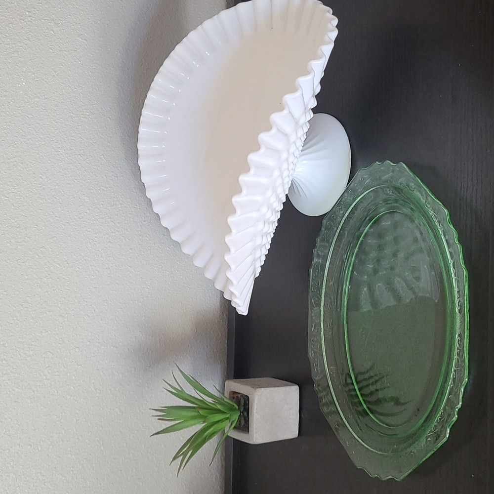 Milk Glass Vase & Green Plate